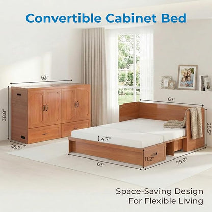 Mjkone Queen Murphy Bed with Mattress Include, Murphy Cabinet Bed with USB Charging Station, Hidden Cube Cabinet Beds with Large Storage Drawer for Bedroom Guest Room Home Office, Cherry
