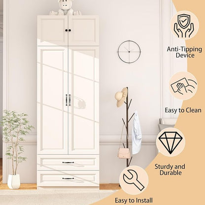 Armoire Wardrobe Closet with Drawers: Bedroom Armoires with Hanging Rod, Wooden Closet Cabinet for Hanging Clothes, Tall Wardrobes Closets with Doors and Shelves (White, 32")