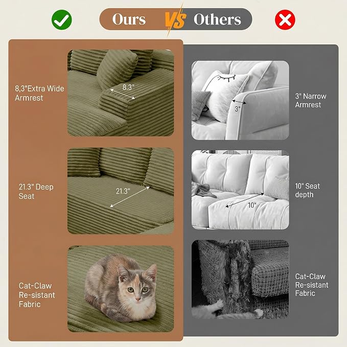 95" L Shaped Cloud Boneless Sectional Couches for Living Room, Modern Comfy Modular Deep Seat Memory Foam Compressed Corduroy Sofa Oversized Right Facing Chaise, No Assembly Required, Green