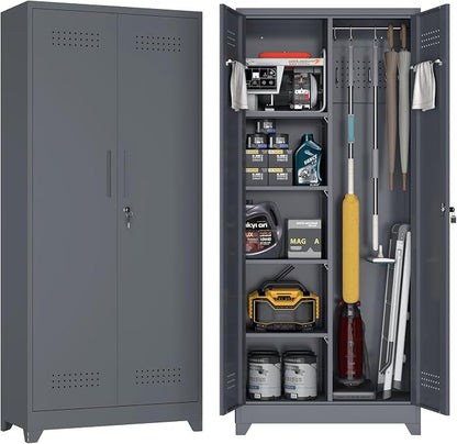 72.8" H Metal Garage Storage Cabinets, Metal Storage Cabinet with Hanging Rod & S-Hooks, Broom Closet Storage with Shelves, Functional Storage Cabinets for Garage, Warehouse, Grey