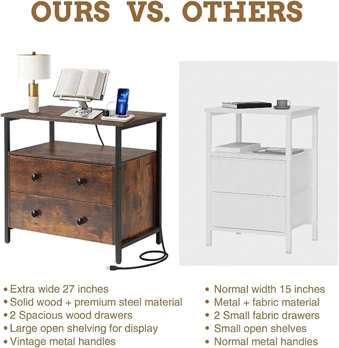 Edbuosy 27 inch Wide Night Stand with Charging Station, Bedside Table with Open Shelf, 2 Drawers Small Wood Dresser, Modern Wood Nightstand for Bedroom/Living Room, Retro Brown