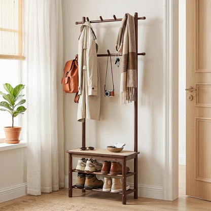 Giantex 3-in-1 Hall Tree with Bench and Shoe Storage, Bamboo Coat Rack Freestanding w/PE Rattan Bench, 11 Hanging Rods, 3 Tier Shoe Rack, Narrow Mudroom Storage Organizer for Entryway Bedroom, Brown