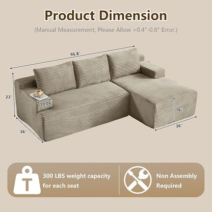 96.1" Modular Sectional Sofa Couches L-Shape Couch 3 Seat Modular Sofa Corduroy Memory Foam Sectional Boneless Couches for Living Room, Cloud Couch with Oversized Chaise(Camel, Right Facing)