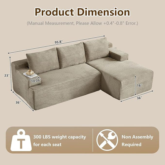 96.1" Modular Sectional Sofa Couches L-Shape Couch 3 Seat Modular Sofa Corduroy Memory Foam Sectional Boneless Couches for Living Room, Cloud Couch with Oversized Chaise(Camel, Right Facing)