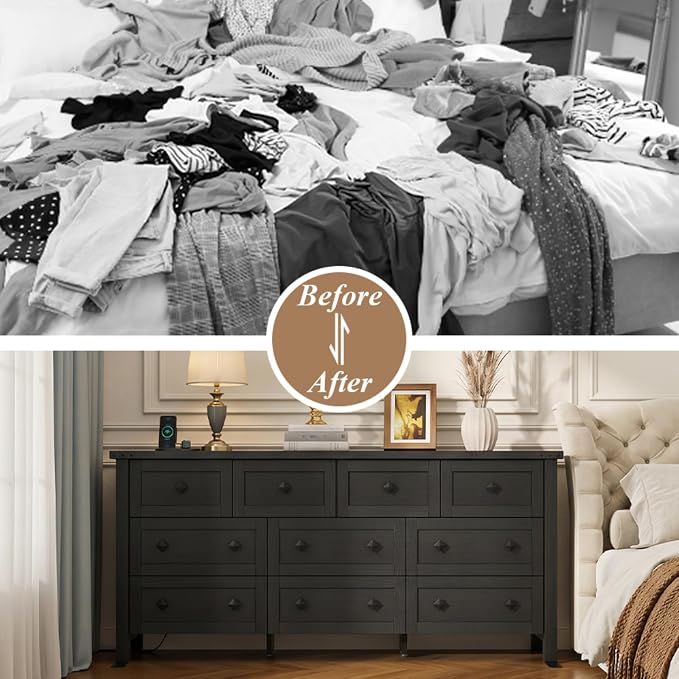Gyfimoie 10-Drawer Dresser, 63" Farmhouse Wood Storage Chest of Drawers, Long Dresser TV Stand for TVs up to 75", Vintage Wide Dressers Organizer with Metal Handles for Bedroom, Black