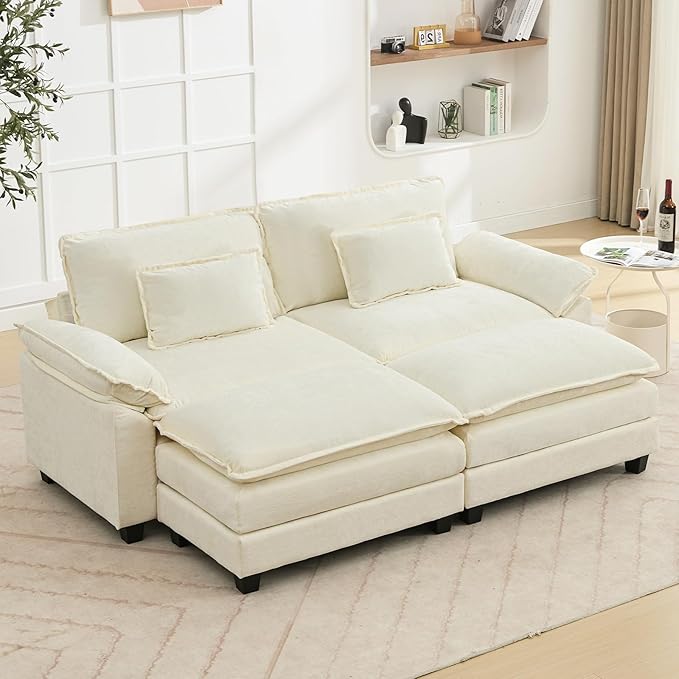 Oprisen 86" Modular Sectional Sofa, Comfy Cloud Couch Sectional Sofa with Ottoman, Chenille Sofa Sleeper Deep Seat Sofa with Throw Pillows for Living Room (Beige White)
