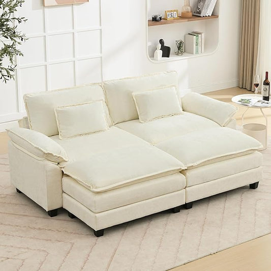 Oprisen 86" Modular Sectional Sofa, Comfy Cloud Couch Sectional Sofa with Ottoman, Chenille Sofa Sleeper Deep Seat Sofa with Throw Pillows for Living Room (Beige White)
