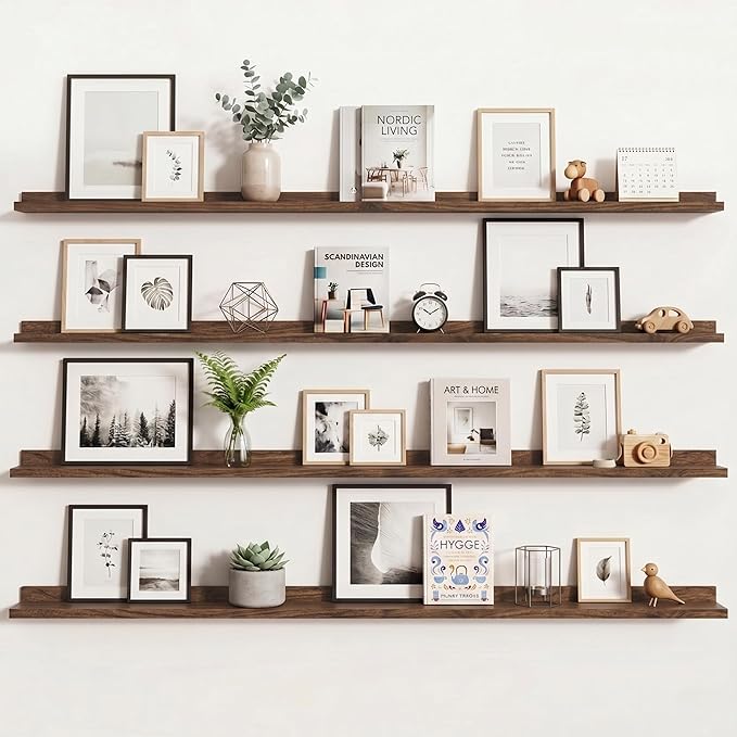 Axeman 72 Inch Floating Shelves | Walnut Picture Ledge Shelf Set of 4 | Rustic Wood Wall Shelves with Lip | 72" Walnut Picture Shelves for Wall with Ledge | Photo Shelves