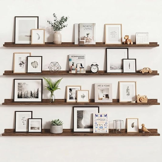 Axeman 72 Inch Floating Shelves | Walnut Picture Ledge Shelf Set of 4 | Rustic Wood Wall Shelves with Lip | 72" Walnut Picture Shelves for Wall with Ledge | Photo Shelves