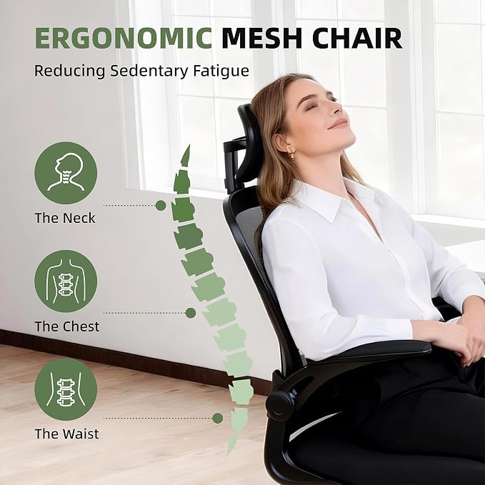 ralex-chair Ergonomic Office Chair with Adjustable Headrest & Lumbar Support, Computer Desk Chair with Flip-Up Armrests, Comfortable for Home, Office, Conference Room