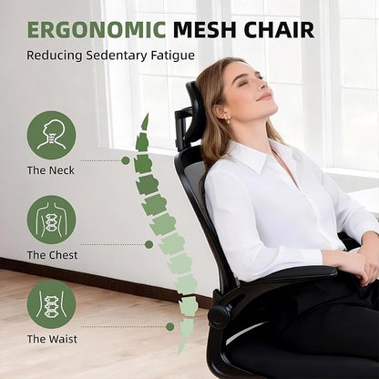 ralex-chair Ergonomic Office Chair with Adjustable Headrest & Lumbar Support, Computer Desk Chair with Flip-Up Armrests, Comfortable for Home, Office, Conference Room