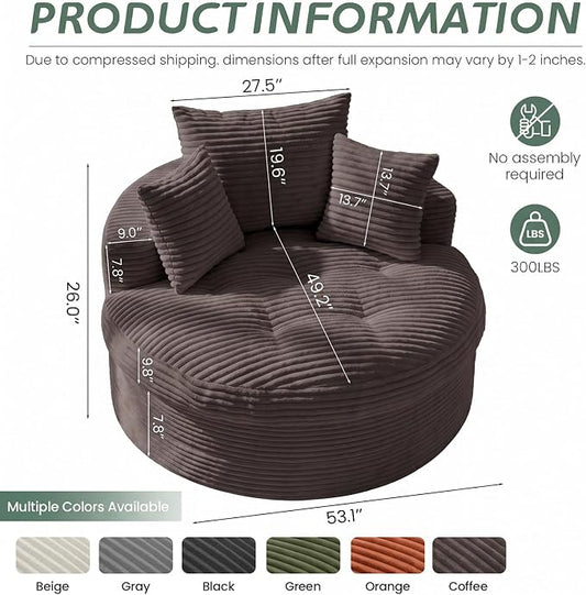 Oversized Round Chaise Lounge Chair, Deep Seat Cloud Boneless Floor Sofa Couch, Upholstered Corduroy Sleeper with 3 Pillows & Optional Ottoman, No Assembly Modern Lazy Floor Lounger for Living Room