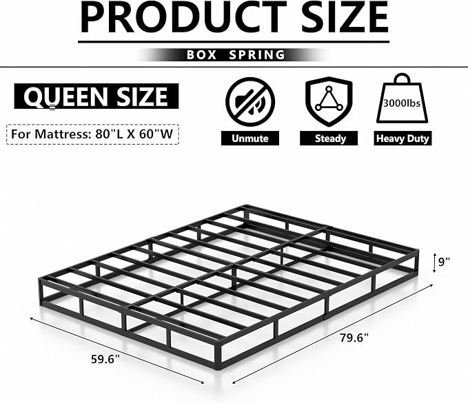 NHODIR 9 Inch Box Spring Queen Size Bed Base, Heavy Duty Metal Queen Mattress Foundation with Upholstered Fabric Cover, Noise Free, Easy Assembly, Black
