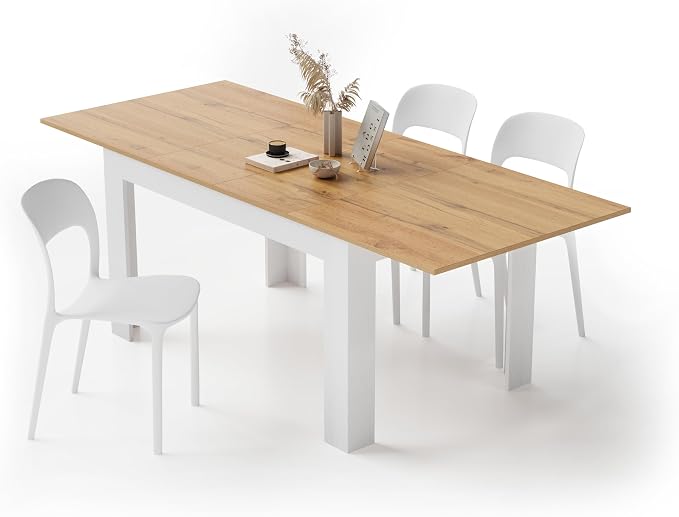 Mobili Fiver, Easy, Extendable Dining Table, 55.1(86.6) x35.4 in, Rustic Oak and Ashwood White, Made in Italy