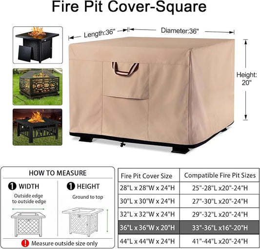 QH.HOME Fire Pit Cover Square-33-36 Inch Heavy Duty 900D Strong Tear-Resistant and UV Resistant and Waterproof and Fading Resistant Material Polyester Firepit Covers for Outdoor Fire Table-Wheat