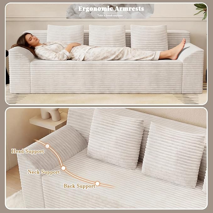 71" Corduroy Living Room Sofa, 3 Setaser Deep Seat Couch with 3 Lumbar Pillows, Comfy Boneless Sofa Modern Compressed Couch for Bedroom, Office, Apartment, No Assembly, Curved Armrests (Ancient White)