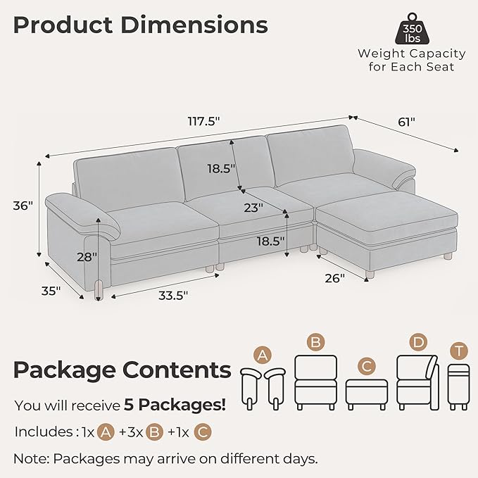 SITJOY Large Cloud Couch, 118" Wide 3 Seater L Shape, Chenille in Navy Blue | Detachable and Washable Chenille Cover Sectional Sofas for Living Room, Deep Seat Wide Couch with Chaise, Storage Ottoman