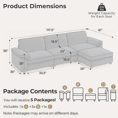 SITJOY Large Cloud Couch, 118" Wide 3 Seater L Shape, Chenille in Navy Blue | Detachable and Washable Chenille Cover Sectional Sofas for Living Room, Deep Seat Wide Couch with Chaise, Storage Ottoman