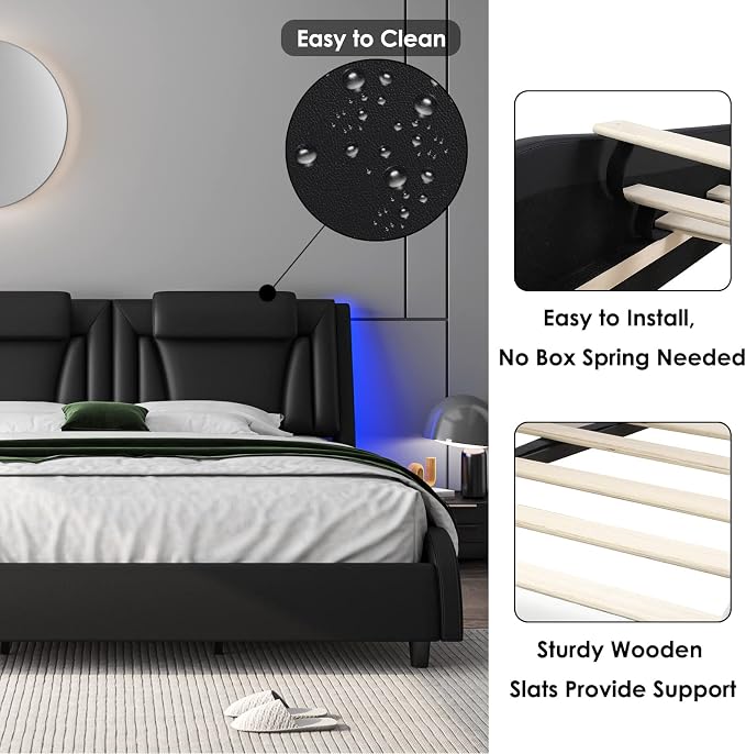 Keyluv King Size LED Bed Frame with Adjustable Headboard & Wave-Like Curve Safety Design, PU Leather Upholstered Platform Bed, Solid Wooden Slats Support, Easy Assembly, Black