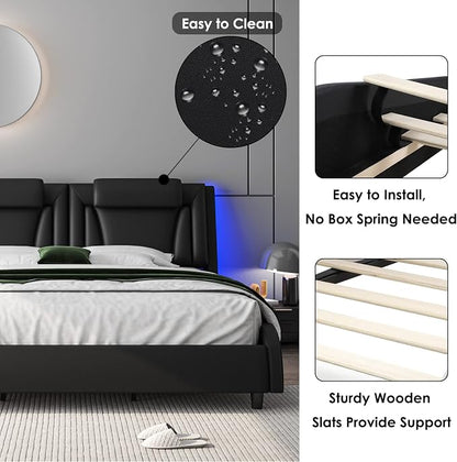 Keyluv King Size LED Bed Frame with Adjustable Headboard & Wave-Like Curve Safety Design, PU Leather Upholstered Platform Bed, Solid Wooden Slats Support, Easy Assembly, Black