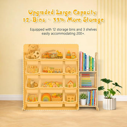 Toy Storage Organizer with 12 Bins & 3-Tier Bookshelf - White | 12 Removable Bins Keep Toys Sorted; 3-Tier Kids Bookshelf Creates Easy-Access Storage for Kids Rooms and Playrooms