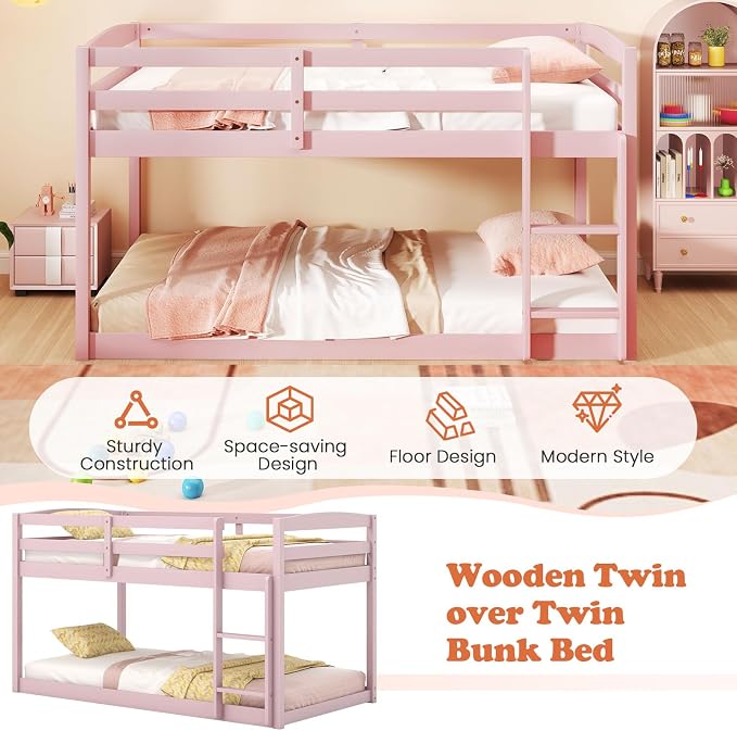 Giantex Twin Low Bunk Bed, Solid Wood Twin Over Twin Bunk Bed Frame with Full Guardrails & Integrated Ladder, Floor Twin Bunk Beds for Kids Boys and Girls, No Box Spring Needed (Pink)