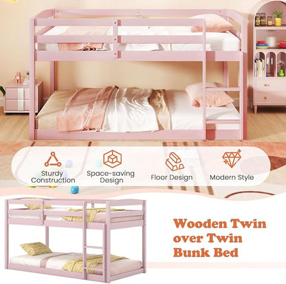 Giantex Twin Low Bunk Bed, Solid Wood Twin Over Twin Bunk Bed Frame with Full Guardrails & Integrated Ladder, Floor Twin Bunk Beds for Kids Boys and Girls, No Box Spring Needed (Pink)