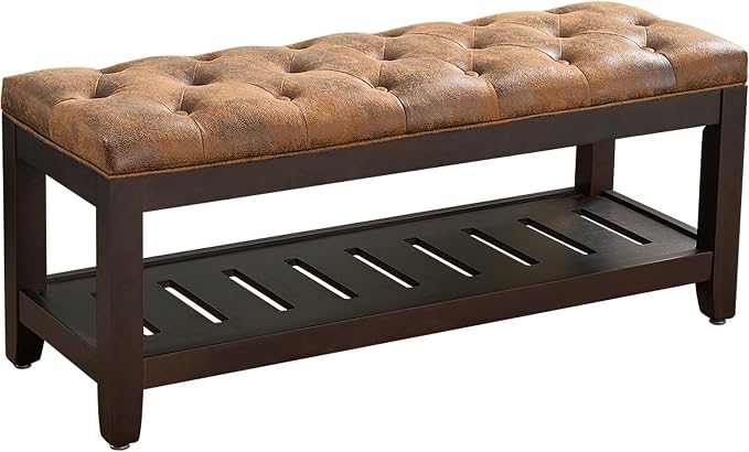 adochr PU Leather Large Rectangular Ottoman with Storage, Upholstered Entryway Bench for Living Room, Oversized Button Tufted Ottoman with Wood Shelf Storage, Brown