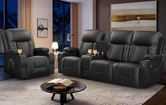 Recliner Sofa Set, 3 Seat Recliner Couch and Recliner Chair with Heat & Massage, Home Theater Seating with Console & Drawer, Wall Hugger Reclining Couch with USB Ports & Phone Holders