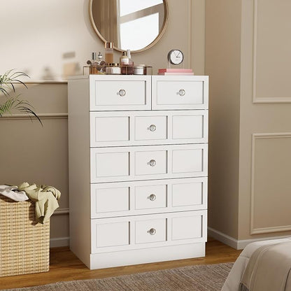 6 Drawer Dresser for Bedroom: 24" White Wide Tall Dressers for Bedroom, Modern Fluted Dresser with Deep Drawers, Wooden Chest of Drawers for Living Room