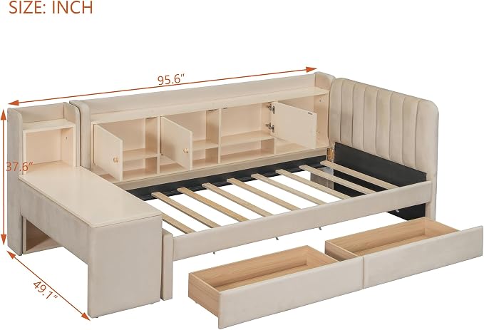Bellemave Twin Corner Bed with Storage Shelves and Desk, Upholstered Daybed with Bookcase and Drawers，Daybed with Storage, Beige