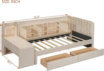 Bellemave Twin Corner Bed with Storage Shelves and Desk, Upholstered Daybed with Bookcase and Drawers，Daybed with Storage, Beige