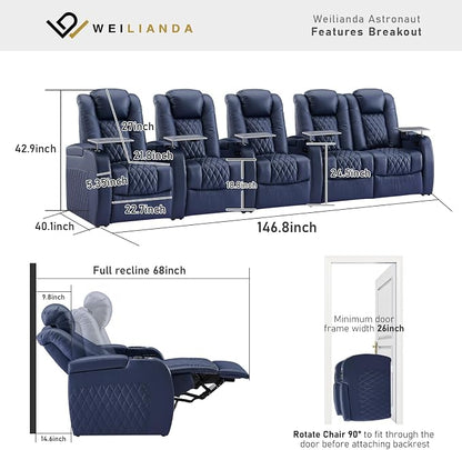 Weilianda Home Theater Seating Top Grain Leather Zero Gravity Recliner Chair Power Headrest Recline Movie Seat Gaming 7 Colors Mood Light Sofa with Tray Table USB Charge Row of 5 Loveseat Right Blue