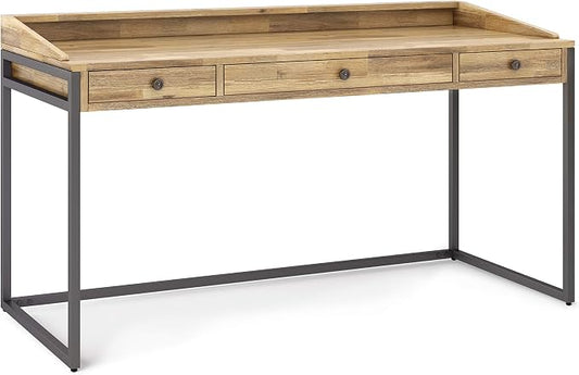 SIMPLIHOME Ralston Desk - 60 Inch Wide Solid Acacia Wood and Metal Writing Desk in Distressed Golden Wheat, Modern Industrial Home Office Computer Table with 2 Drawers and Flip-Down Keyboard Tray