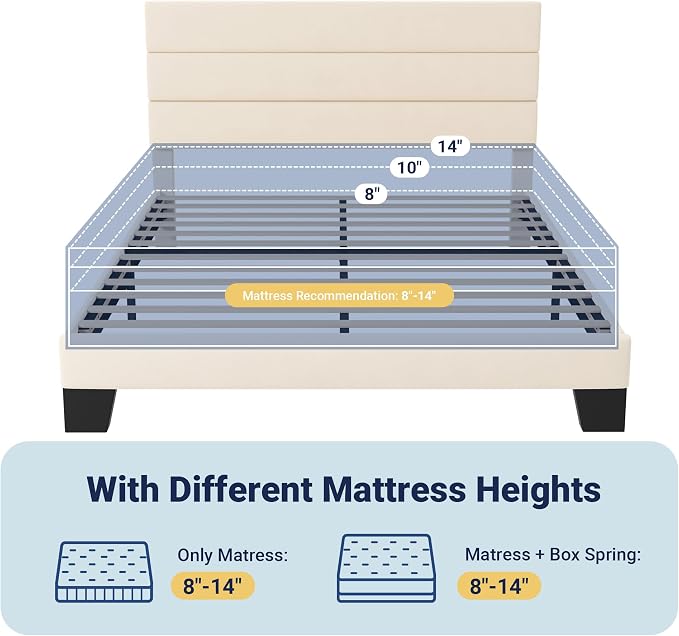 Allewie Queen Size Platform Bed Frame with Velvet Upholstered Headboard and Wooden Slats Support, Fully Upholstered Mattress Foundation/No Box Spring Needed/Easy Assembly, Cream