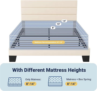 Allewie Queen Size Platform Bed Frame with Velvet Upholstered Headboard and Wooden Slats Support, Fully Upholstered Mattress Foundation/No Box Spring Needed/Easy Assembly, Cream