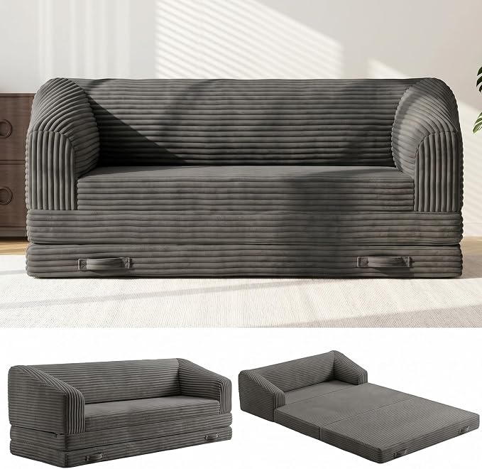 JUIKURY Convertible Sofa Bed, 3-in-1 Foldable Loveseat Couch with Armrest, Corduroy Floor Sofa & Sleeper Bed, No Assembly High-Density Foam Futon Mattress for Living Room, Small Apartment, Dorm