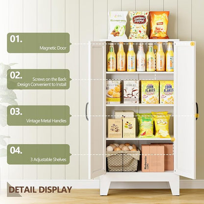 RAVIGIN Farmhouse Storage Cabinet,47" H Metal Pantry Cabinet with Barn Doors and Adjustable Shelves,47" H 4-Tier Rustic Pantry Organizers for Kitchen,Dining Room,White