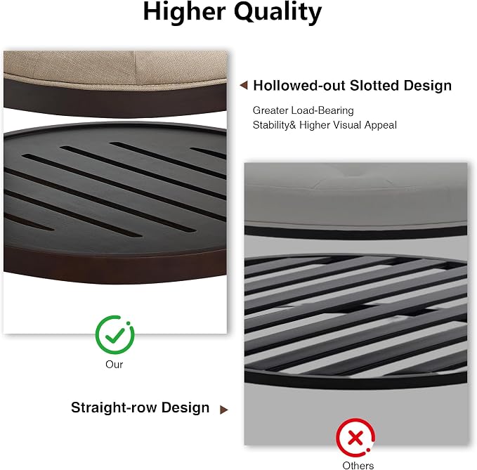 adochr Round Coffee Tables for Living Room,33’’ Storage Ottoman with Wooden Tray, Upholstered Ottoman Footrest, Light Brown