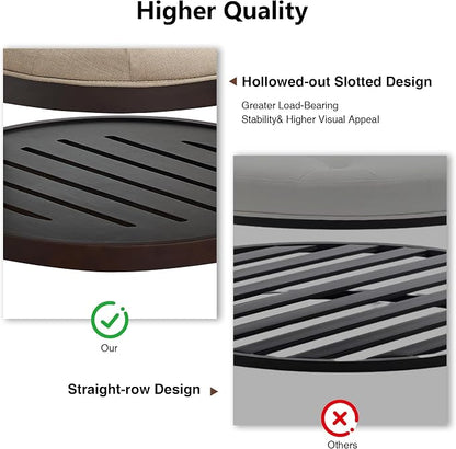 adochr Round Coffee Tables for Living Room,33’’ Storage Ottoman with Wooden Tray, Upholstered Ottoman Footrest, Light Brown