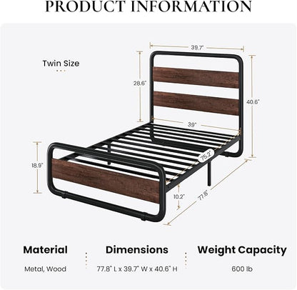 SHA CERLIN Twin Size Metal Bed Frame with Wooden Headboard and Footboard, Heavy Duty Oval-Shaped Platform Bed Frame with 10" Under-Bed Storage, Heavy Duty Slats Support, No Box Spring Needed, Mahogany