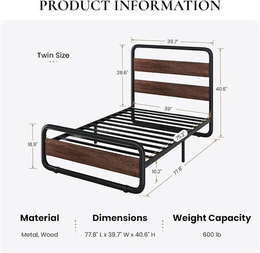 SHA CERLIN Twin Size Metal Bed Frame with Wooden Headboard and Footboard, Heavy Duty Oval-Shaped Platform Bed Frame with 10" Under-Bed Storage, Heavy Duty Slats Support, No Box Spring Needed, Mahogany