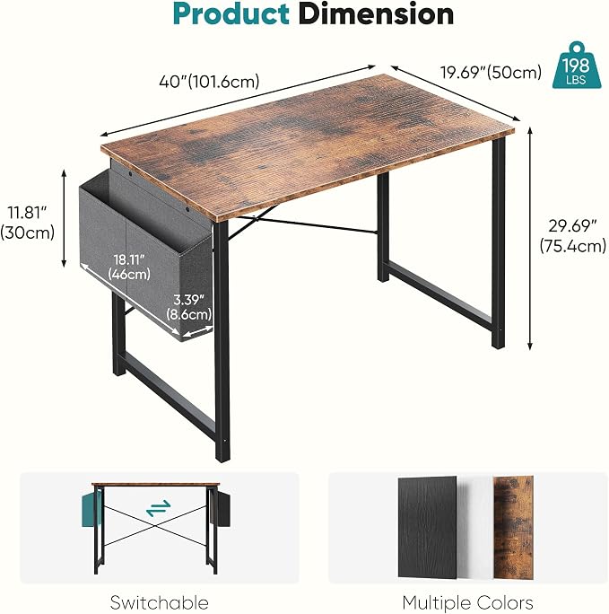 OLIXIS Small Computer Desk, 40 Inch Home Office Desks, Writing Study Craft Work Gaming Table, Computer Workstation for Bedroom Small Spaces with Storage Bag, Rustic Brown