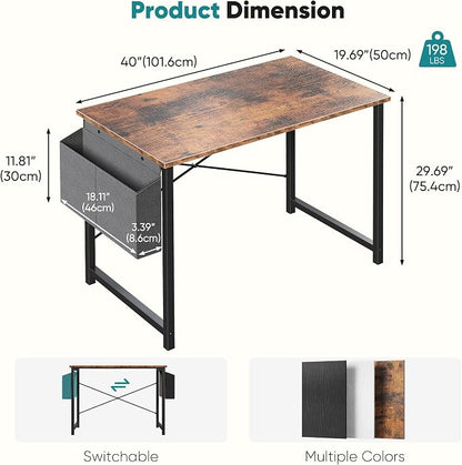 OLIXIS Small Computer Desk, 40 Inch Home Office Desks, Writing Study Craft Work Gaming Table, Computer Workstation for Bedroom Small Spaces with Storage Bag, Rustic Brown