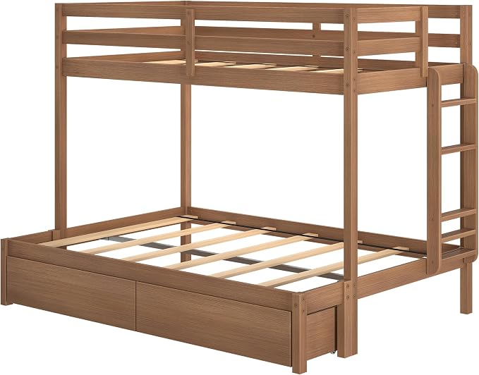 Grain & Grove Bear Twin Over Full Bunk Bed with Storage Drawers, Sturdy Bunk Bed Frame for Kids, Plywood Bunk with Ladder, Guardrail, and Slats, No Box Spring Required, Oak Embossed Pecan