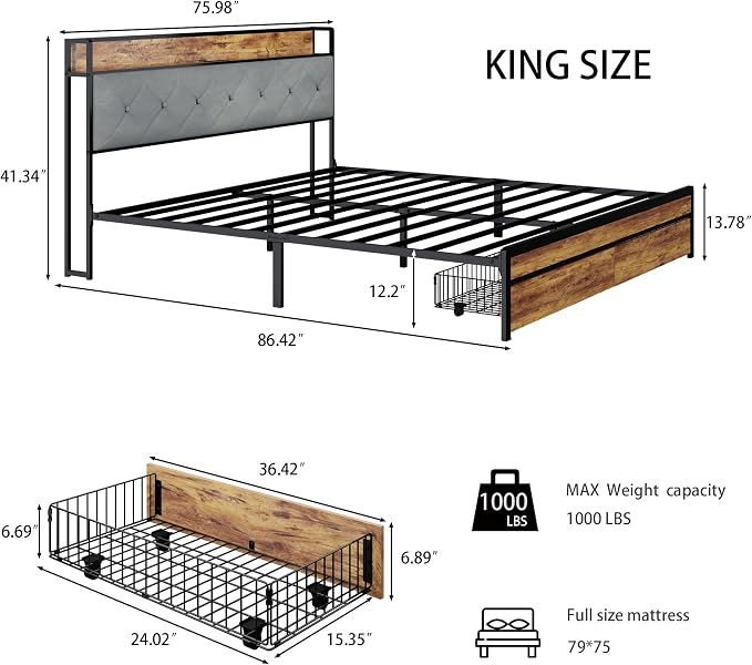 King Size Metal Platform Bed Frame with 2 Storage Drawers, LED Light, Velvet Headboard with USB Port - Heavy Duty, Brown Wooden Panel, No Box Spring Needed - King Bed Frame with Storage (Brown, King)