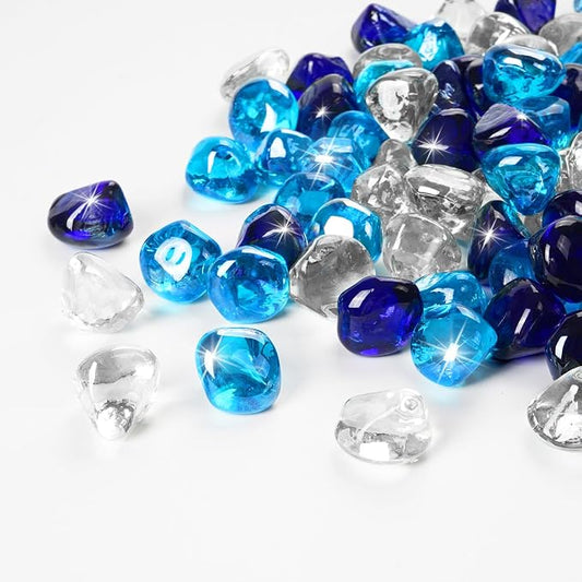 Blended Fire Glass Diamonds for Propane Fire Pit, Fireplace, and Outdoor Decoration,1 Inch Fire Pit Glass Rocks 20-Pound (Crystal Clear+Cobalt Blue+Caribbean Blue)
