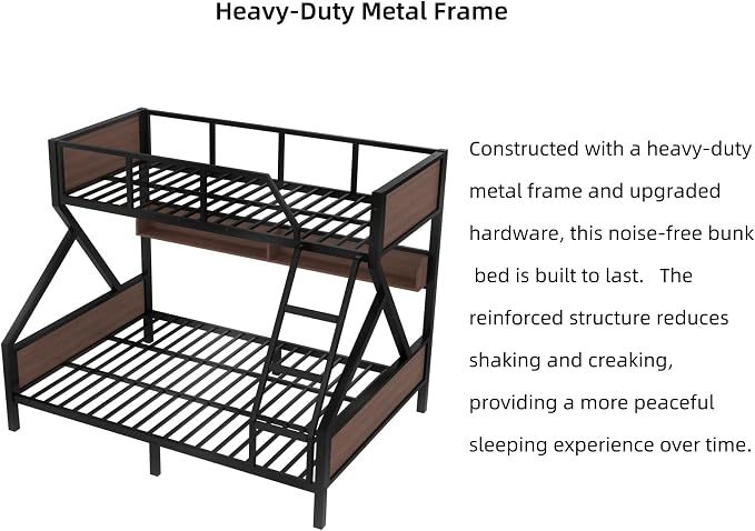 KEIKI Twin Over Full Bunk Bed, Heavy Duty Metal Bunkbed with Storage Shelves, Lights, Bottom Space & Guardrail for Aldults Dorm Bedroom Guest Room, No Box Spring Needed, Noise-Free Design