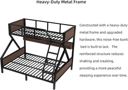 KEIKI Twin Over Full Bunk Bed, Heavy Duty Metal Bunkbed with Storage Shelves, Lights, Bottom Space & Guardrail for Aldults Dorm Bedroom Guest Room, No Box Spring Needed, Noise-Free Design