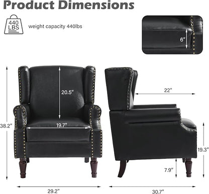 Faux Leather High Back Accent Chairs Set of 2, Upholstered Armchair for Living Room, Retro Wingback Arm Chair Nailhead Trim Single Sofa Bedroom Reading Seat with Solid Wood Legs - Black